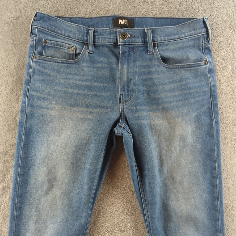 Paige Lennox Jeans Mens 33 (Fits 34x32) Blue Light Wash Faded Slim Whiskers